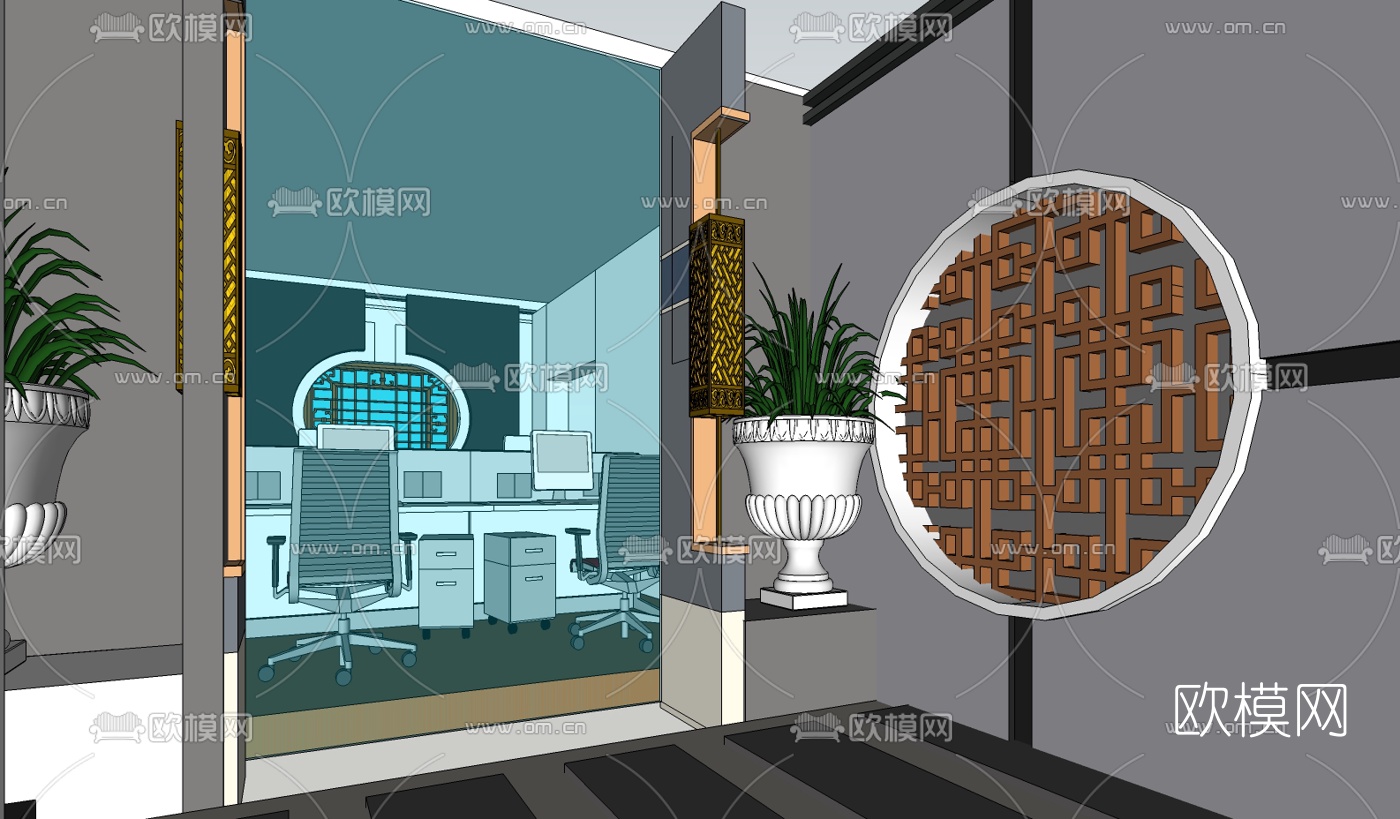 新中式园林景观免费su模型下载（渲染图3）