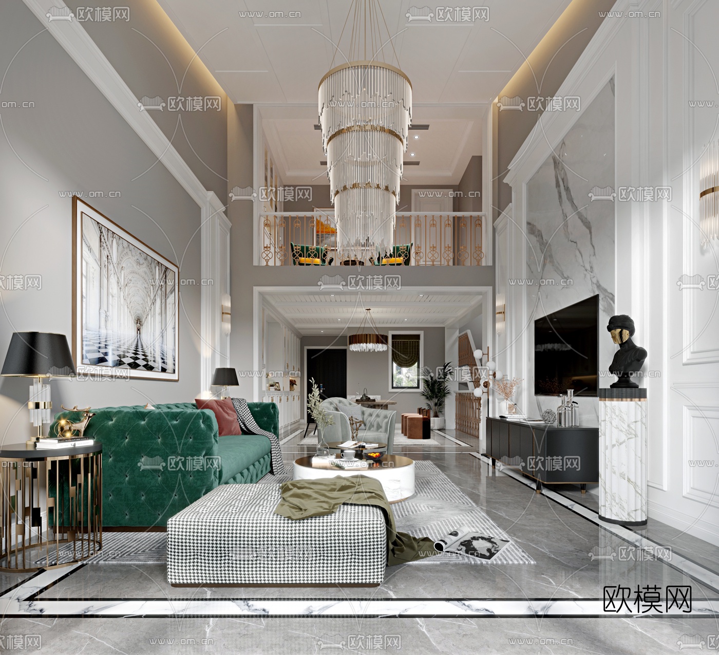 美式别墅客厅餐厅3d模型下载（渲染图3）