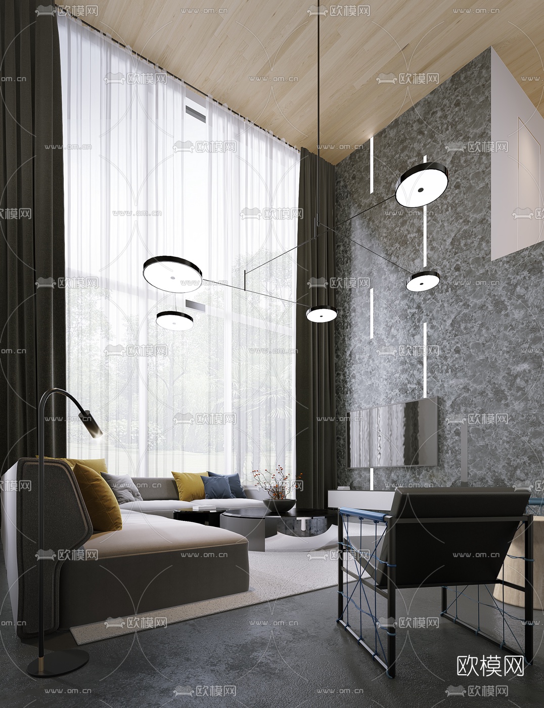 现代别墅客厅3D模型下载（渲染图1）