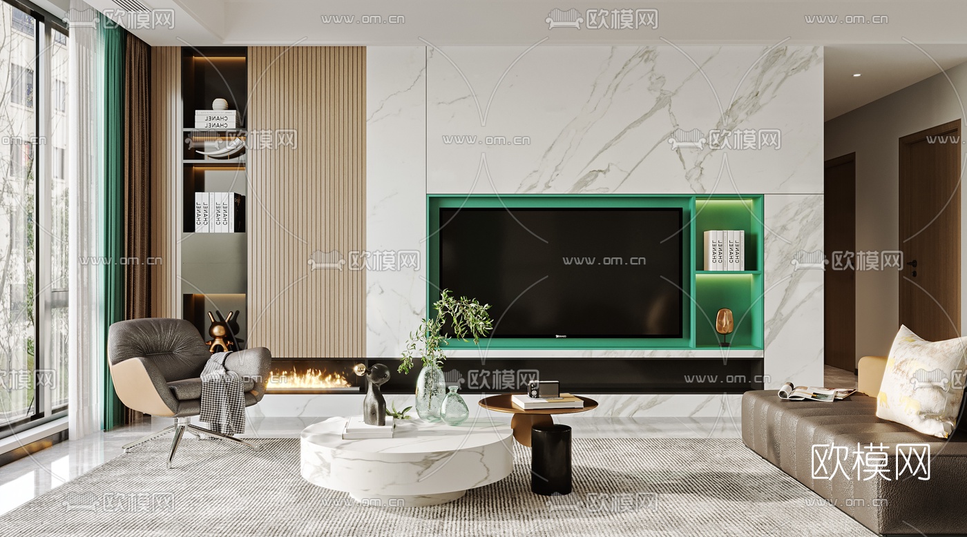 现代轻奢客厅餐厅3d模型下载（渲染图2）