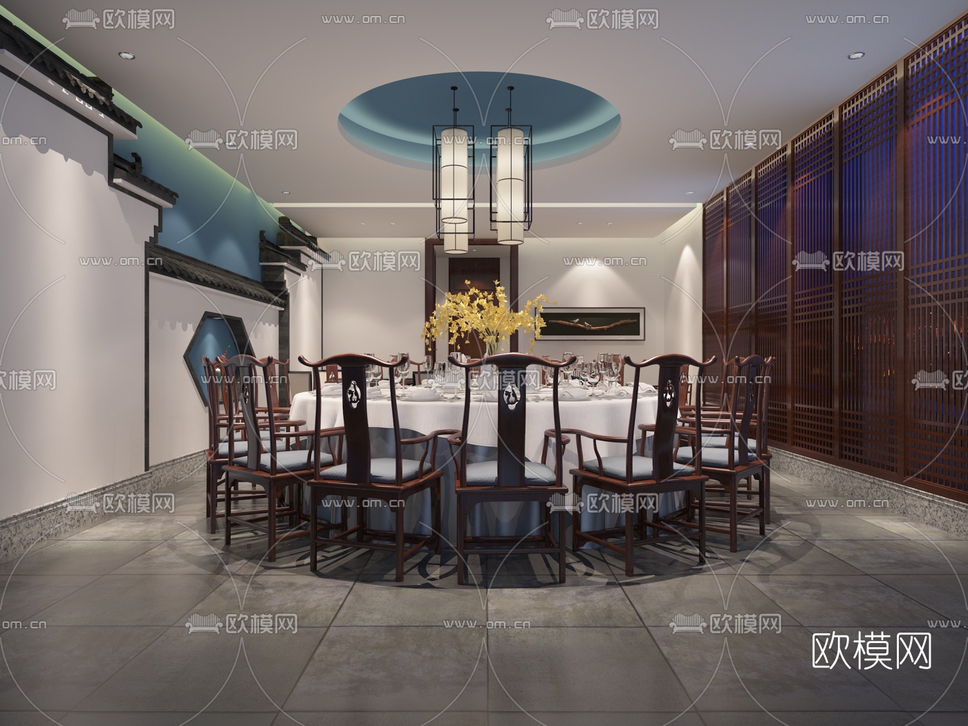 中式酒楼餐厅包间房3D模型-免费3dmax模型库-欧模网