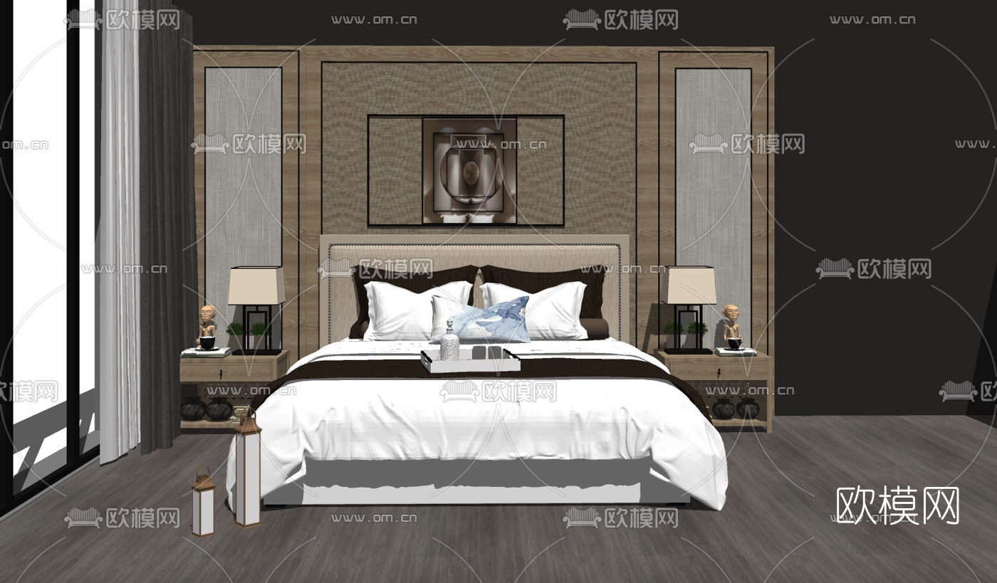 新中式双人床su模型下载（渲染图2）