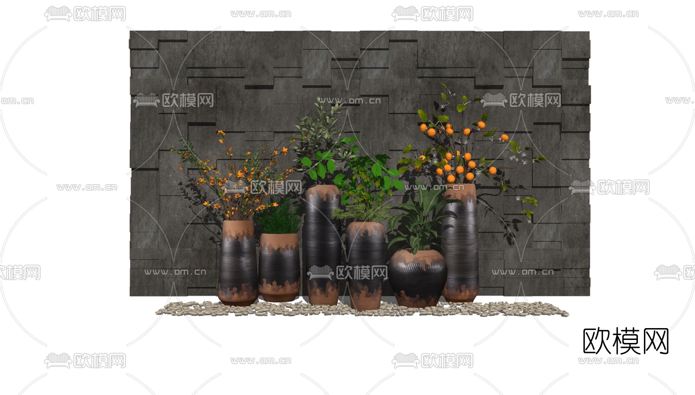 新中式陶罐植物盆栽组合su模型下载（渲染图2）