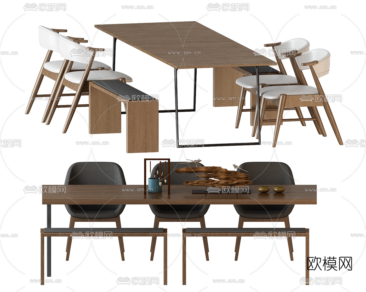 现代实木桌椅组合3d模型下载