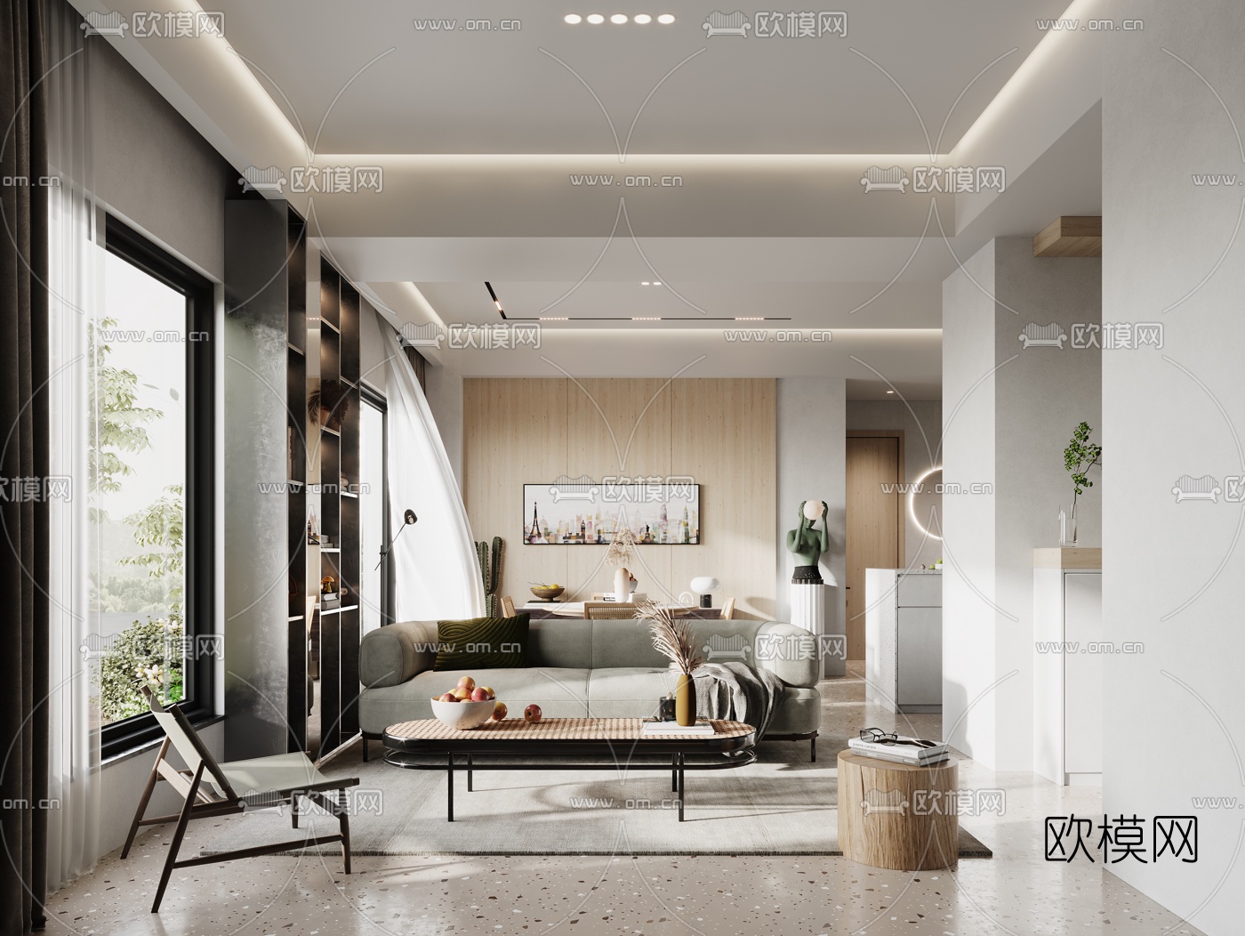 侘寂客厅餐厅3d模型下载（渲染图1）