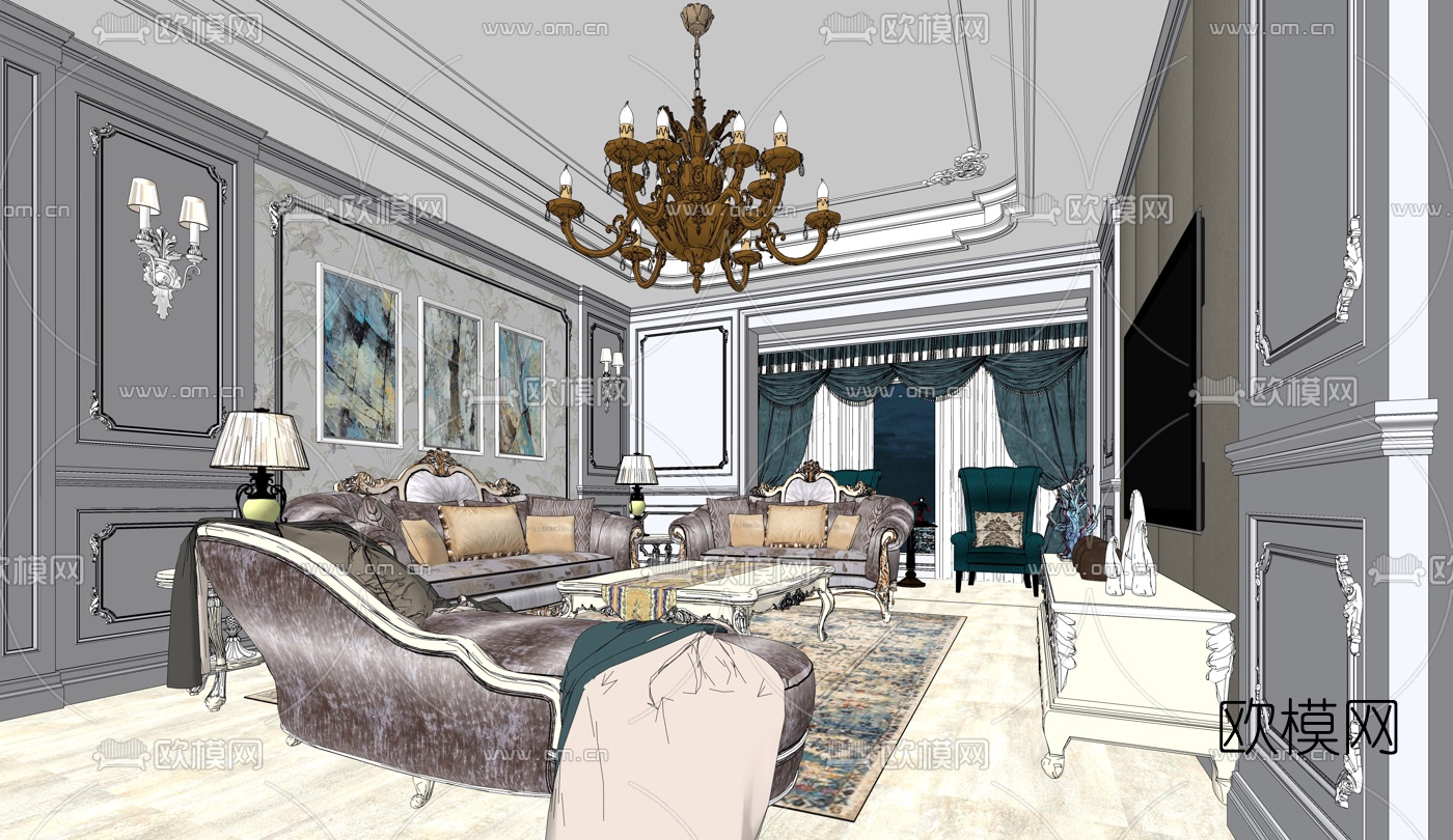 欧式轻奢客厅su模型下载