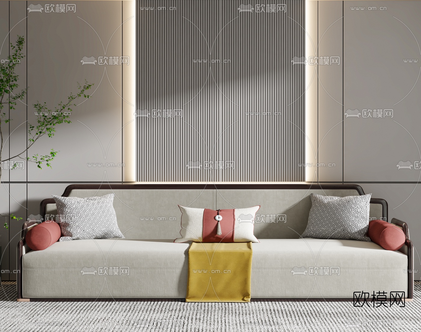 新中式布艺多人沙发3d模型下载