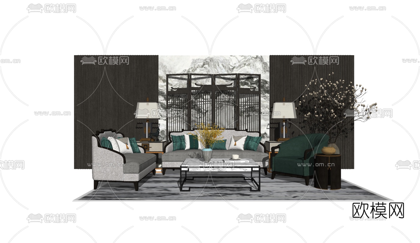 新中式沙发组合su模型下载（渲染图2）