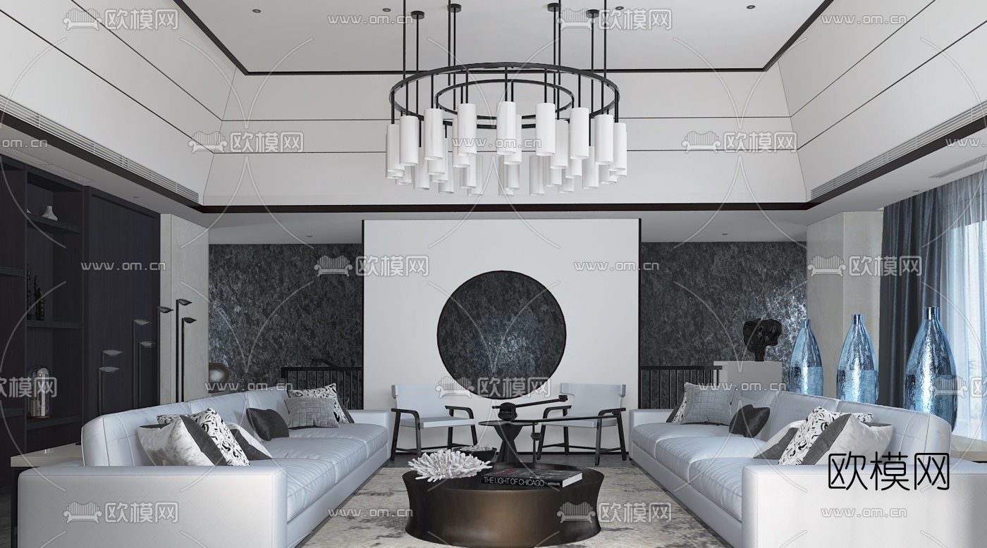 曾建龙设计 中式客厅3D模型下载（渲染图1）