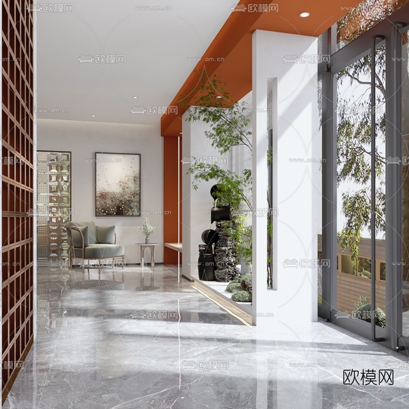 现代火锅店大堂前台过道3d模型下载(渲染图3)