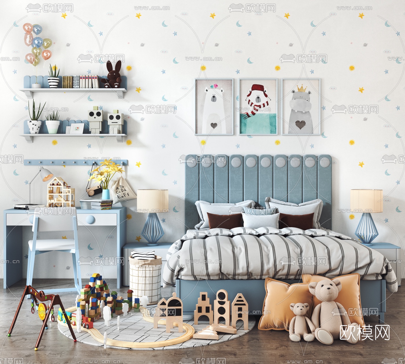 现代儿童床书桌椅玩具3d模型下载