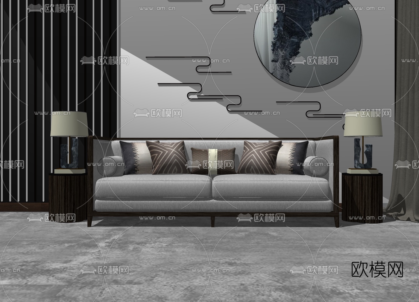 新中式布艺双人沙发su模型-免费3dmax模型库-欧模网