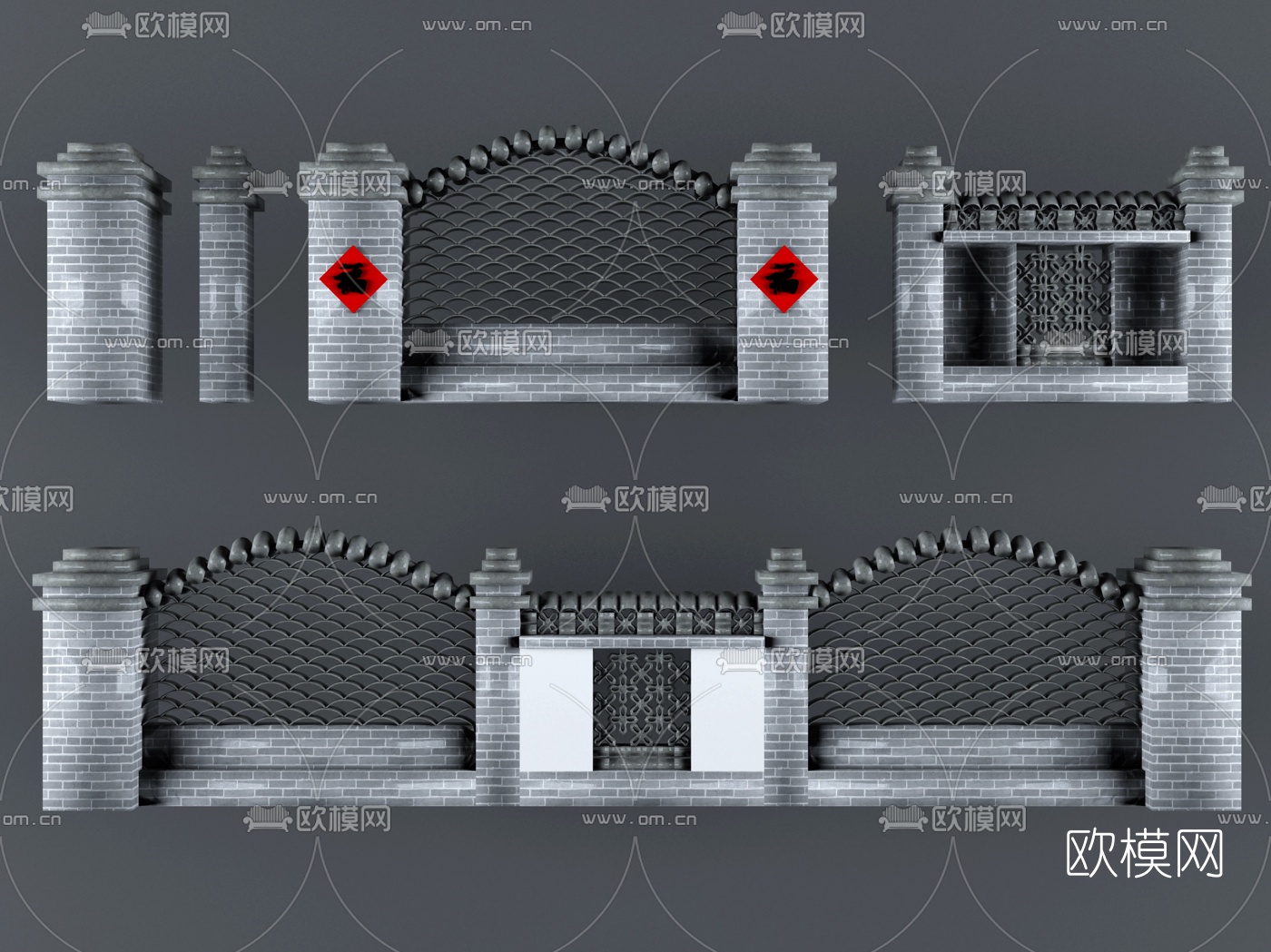 中式围墙组合3D模型
