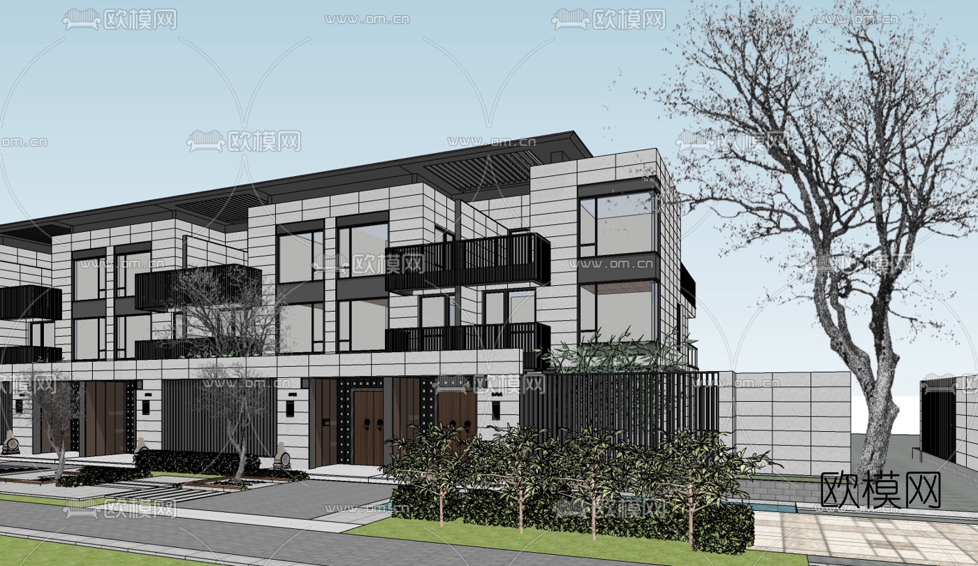 新中式连排别墅免费su模型下载（渲染图2）