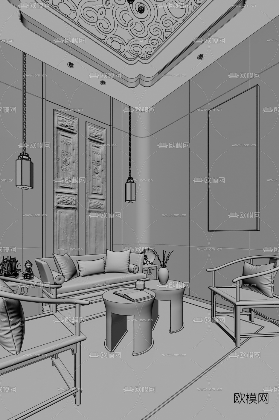 昊泽空间 中式沙发组合3D模型下载（渲染图2）