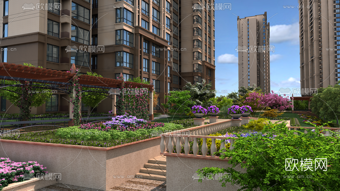 现代高层住宅园林景观3d模型下载