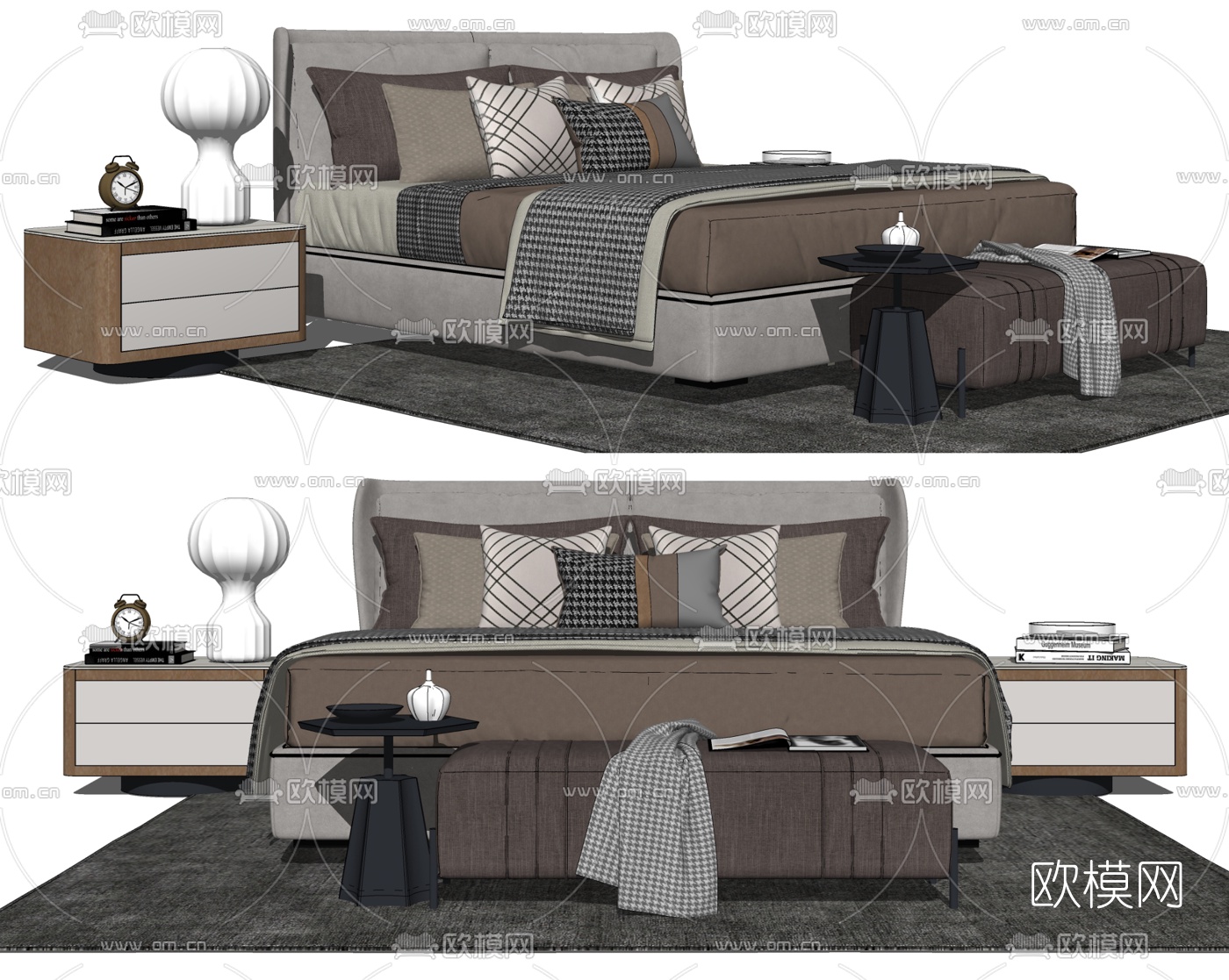 现代布艺双人床su模型下载（渲染图2）