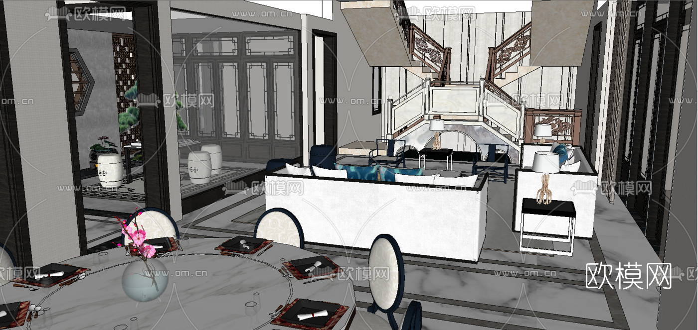 新中式别墅大堂餐厅su模型下载（渲染图1）