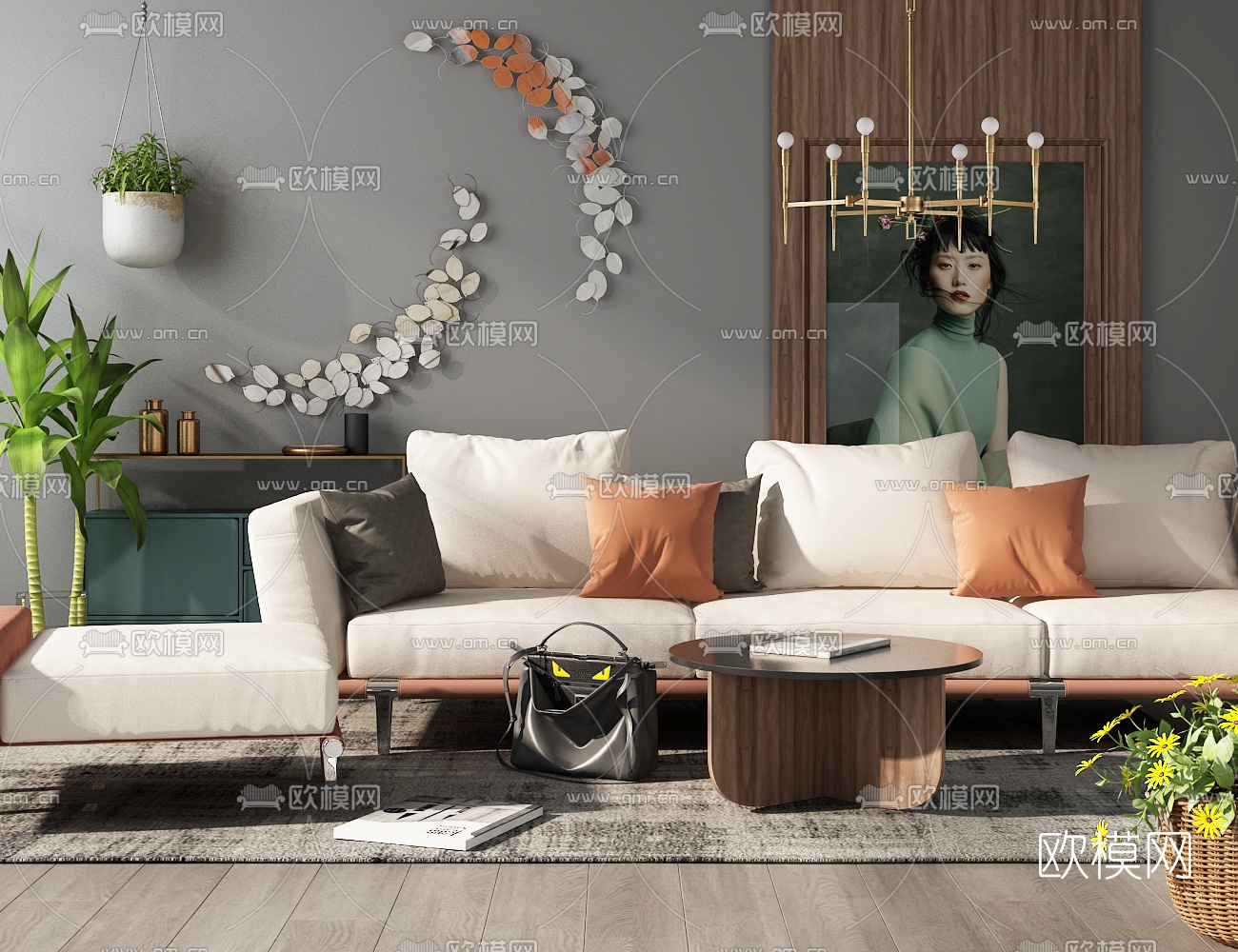 现代多人沙发茶几边柜摆件组合3D模型