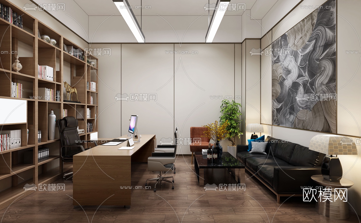 现代总经理办公室书架组合3D模型-免费3dmax模型库-欧模网