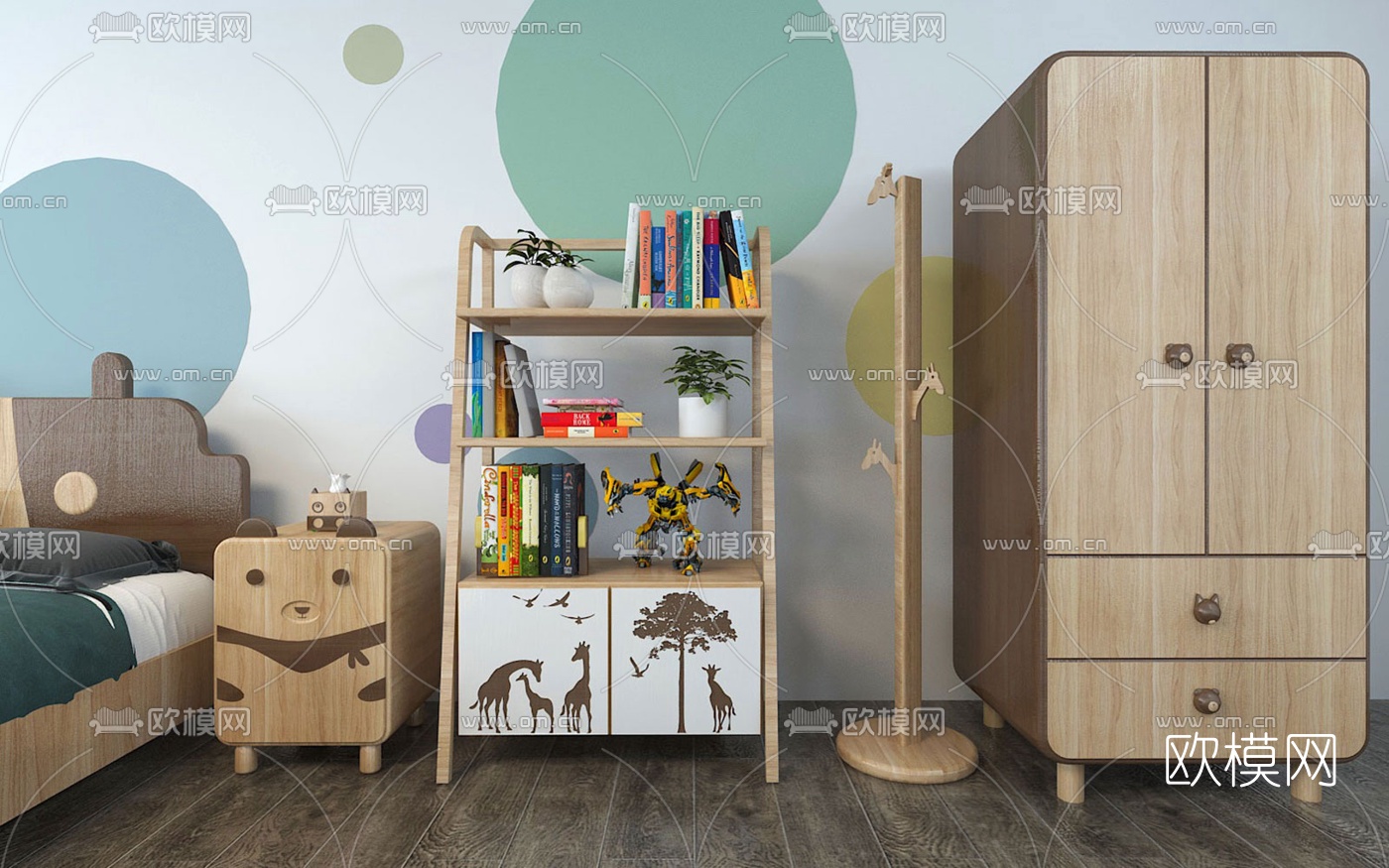 现代实木儿童床儿童柜3d模型下载（渲染图3）