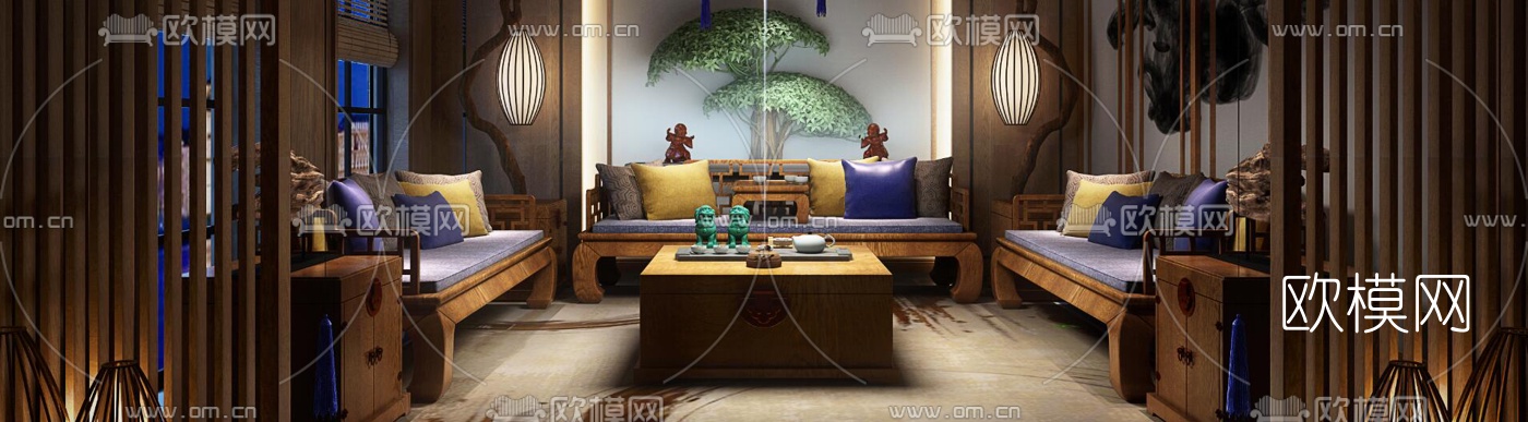 新中式奢华会客室3d模型下载（渲染图2）