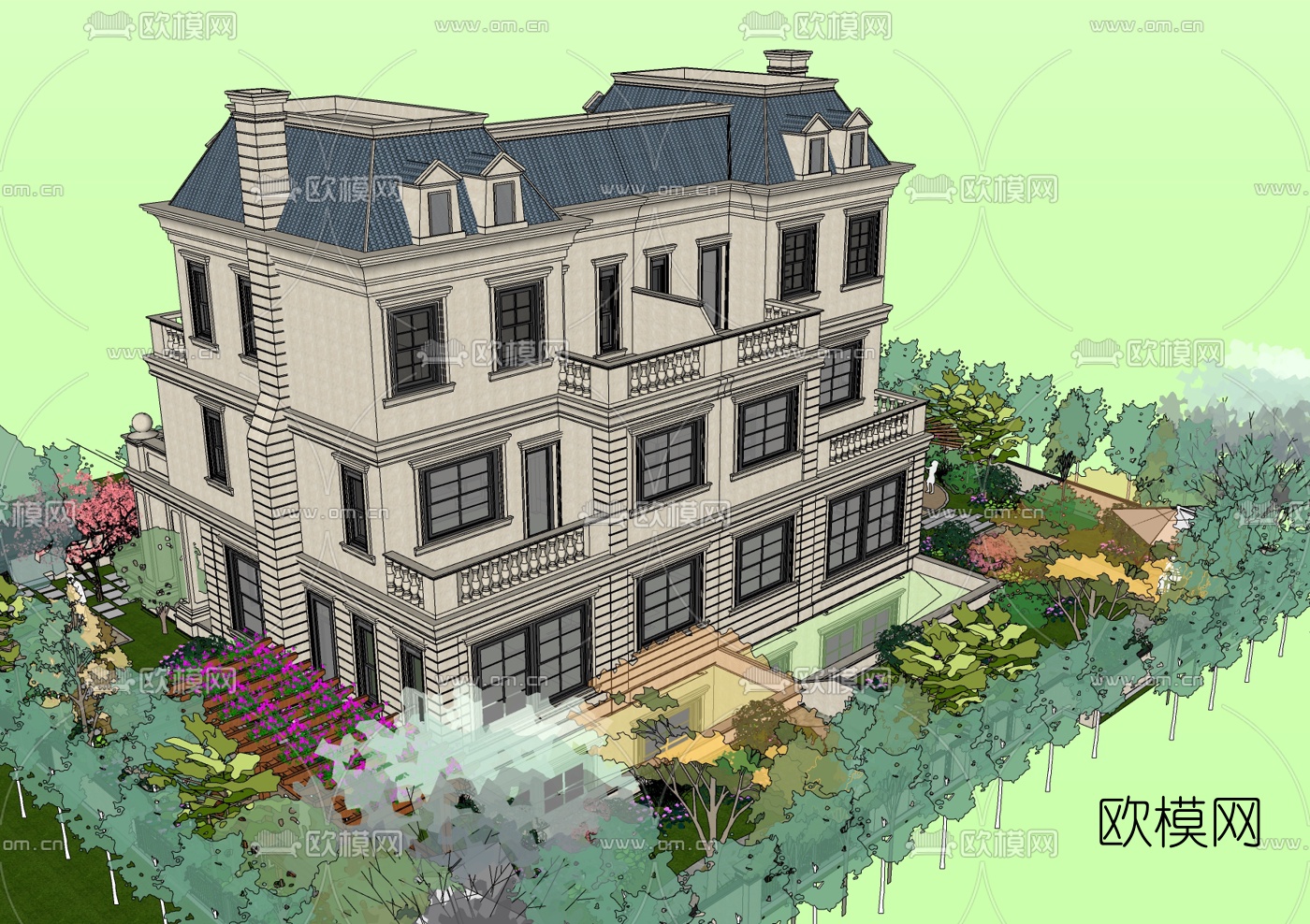 法式连排别墅su模型下载（渲染图1）
