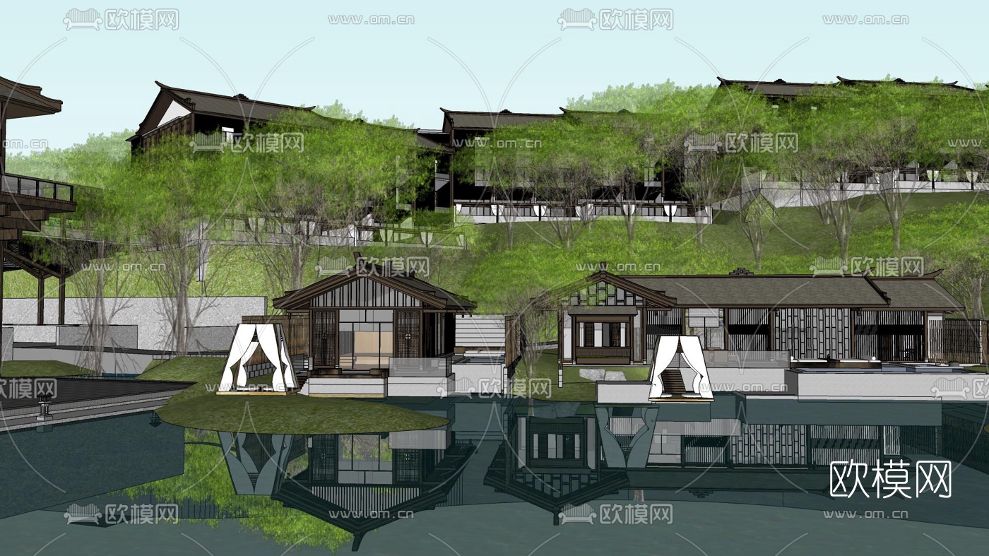 新中式度假酒店su模型下载（渲染图2）