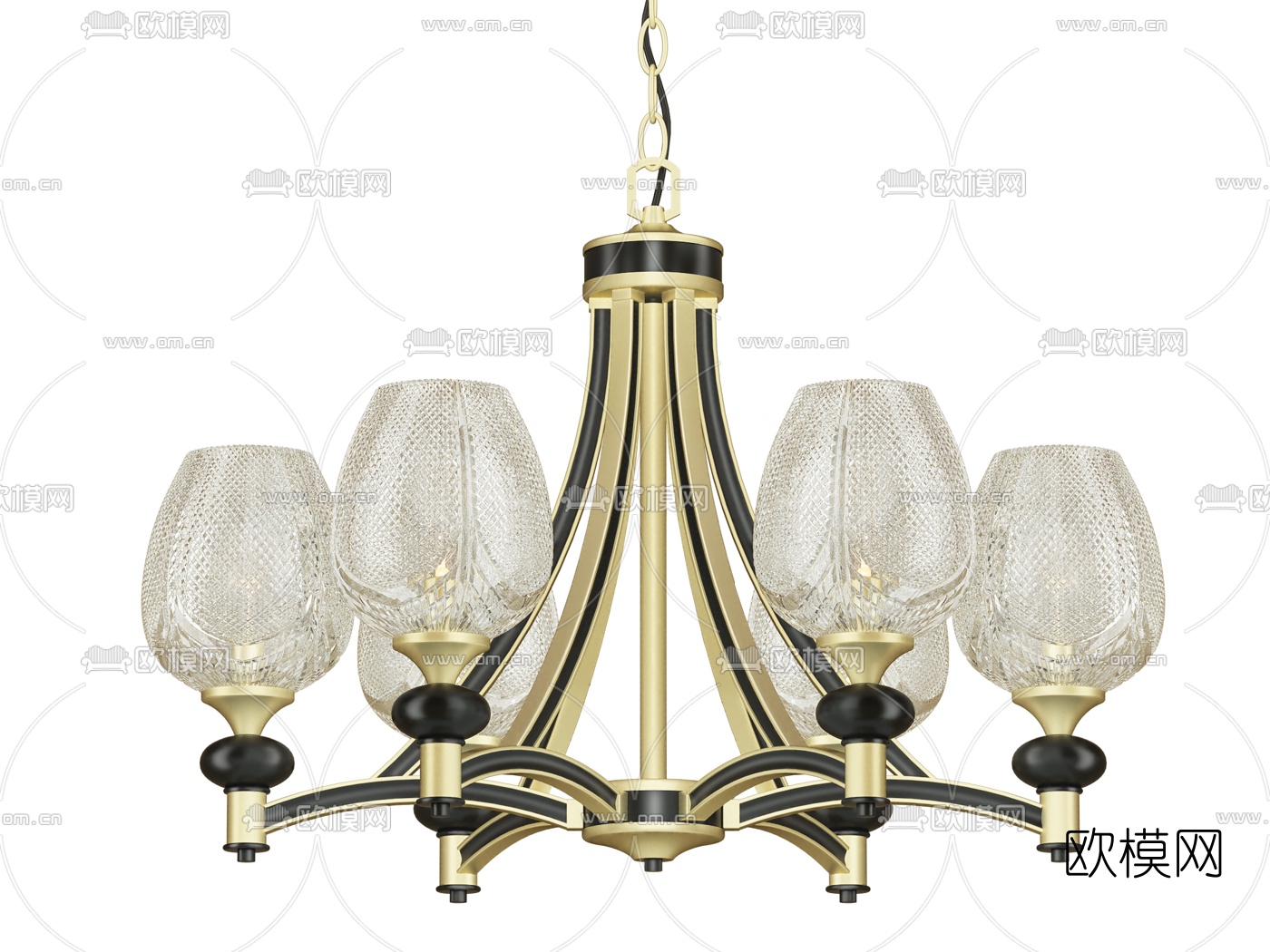新中式金属玻璃多头吊灯3d模型下载（渲染图2）