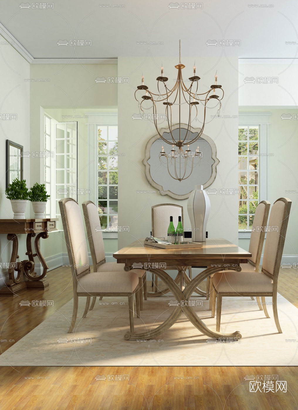 美国Hooker品牌 美式实木餐桌椅3d模型下载（渲染图1）