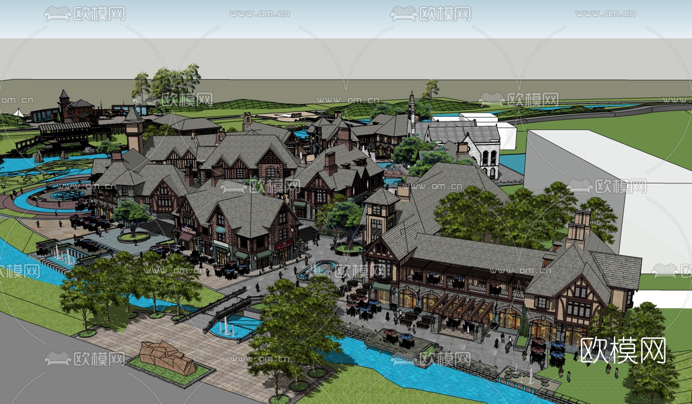 欧式风情商业街规划su模型下载（渲染图1）