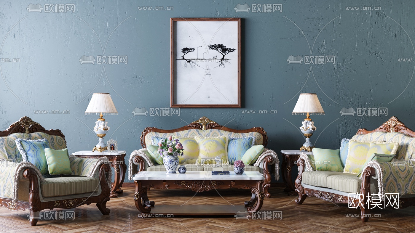 美式沙发茶几台灯组合3D模型下载