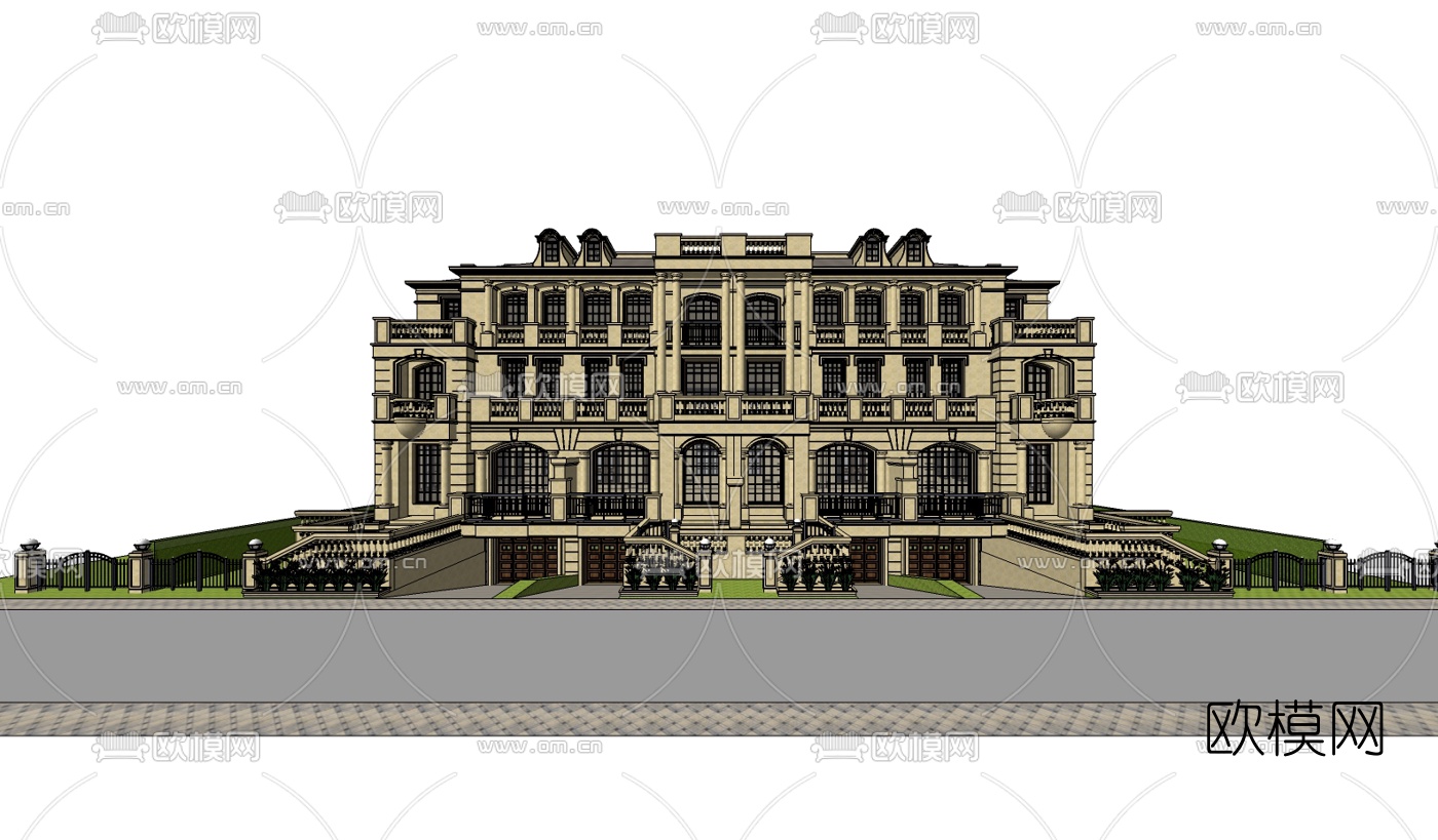 欧式古典连排别墅su模型下载（渲染图2）