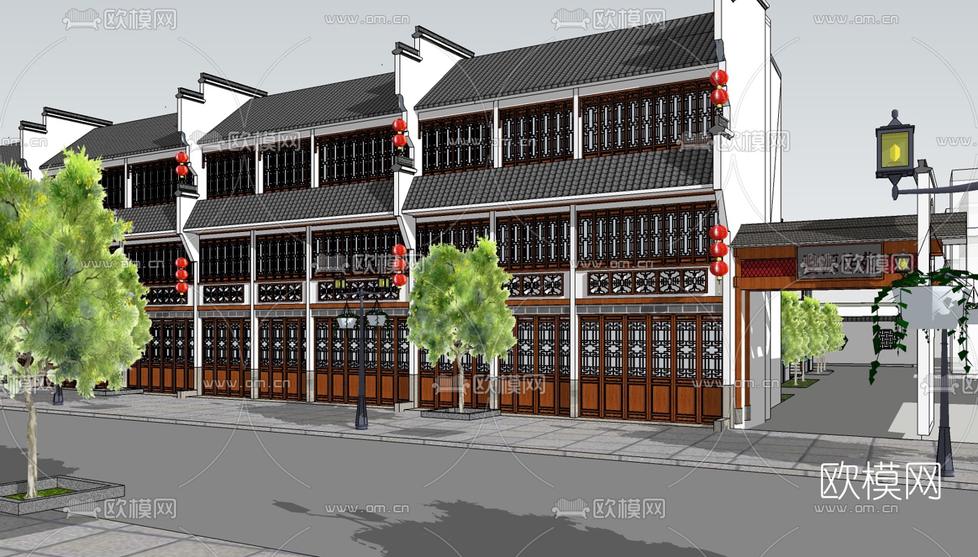 新中式民俗商业街su模型下载（渲染图2）