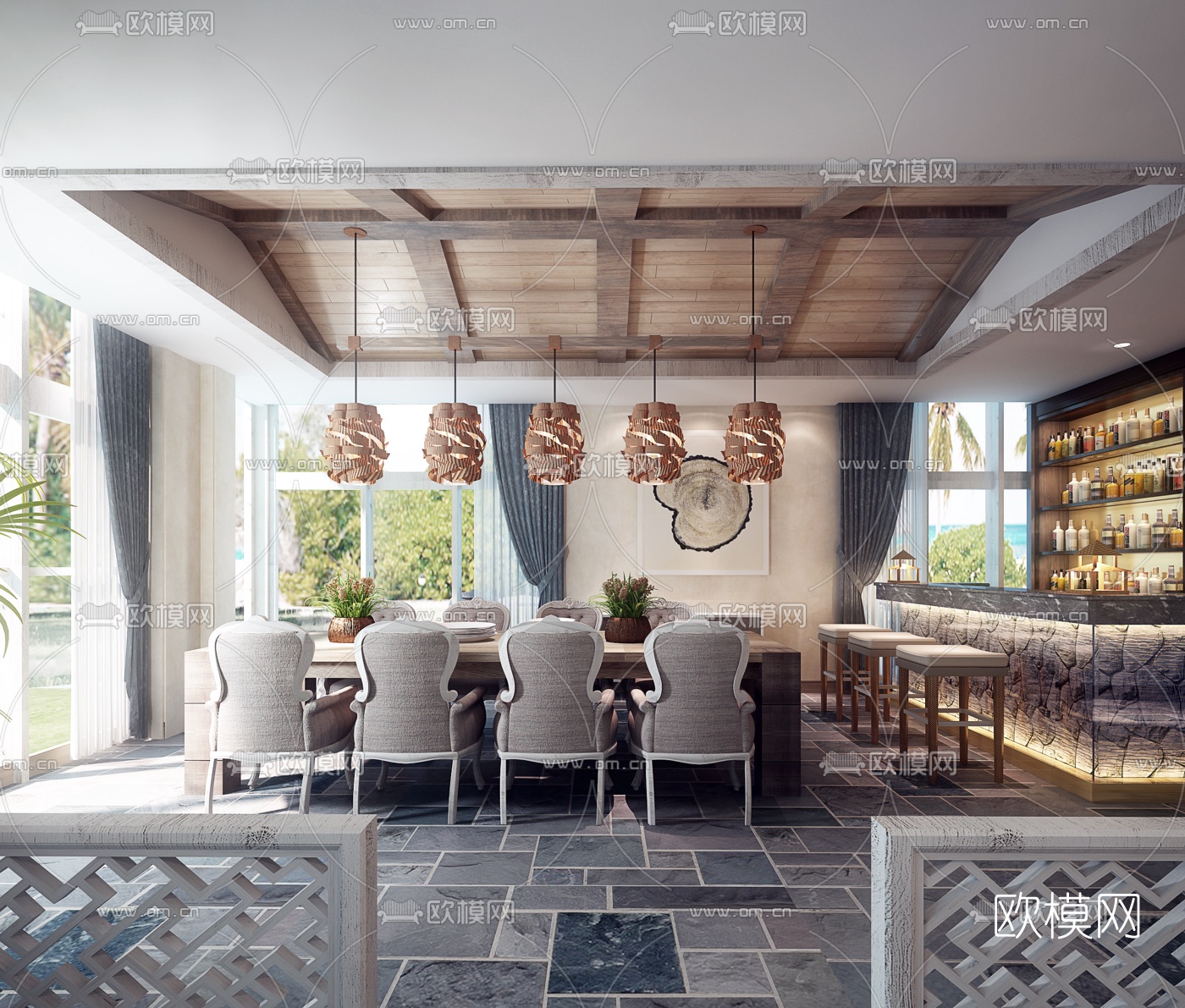 美式西餐厅吧台区3D模型下载（渲染图1）