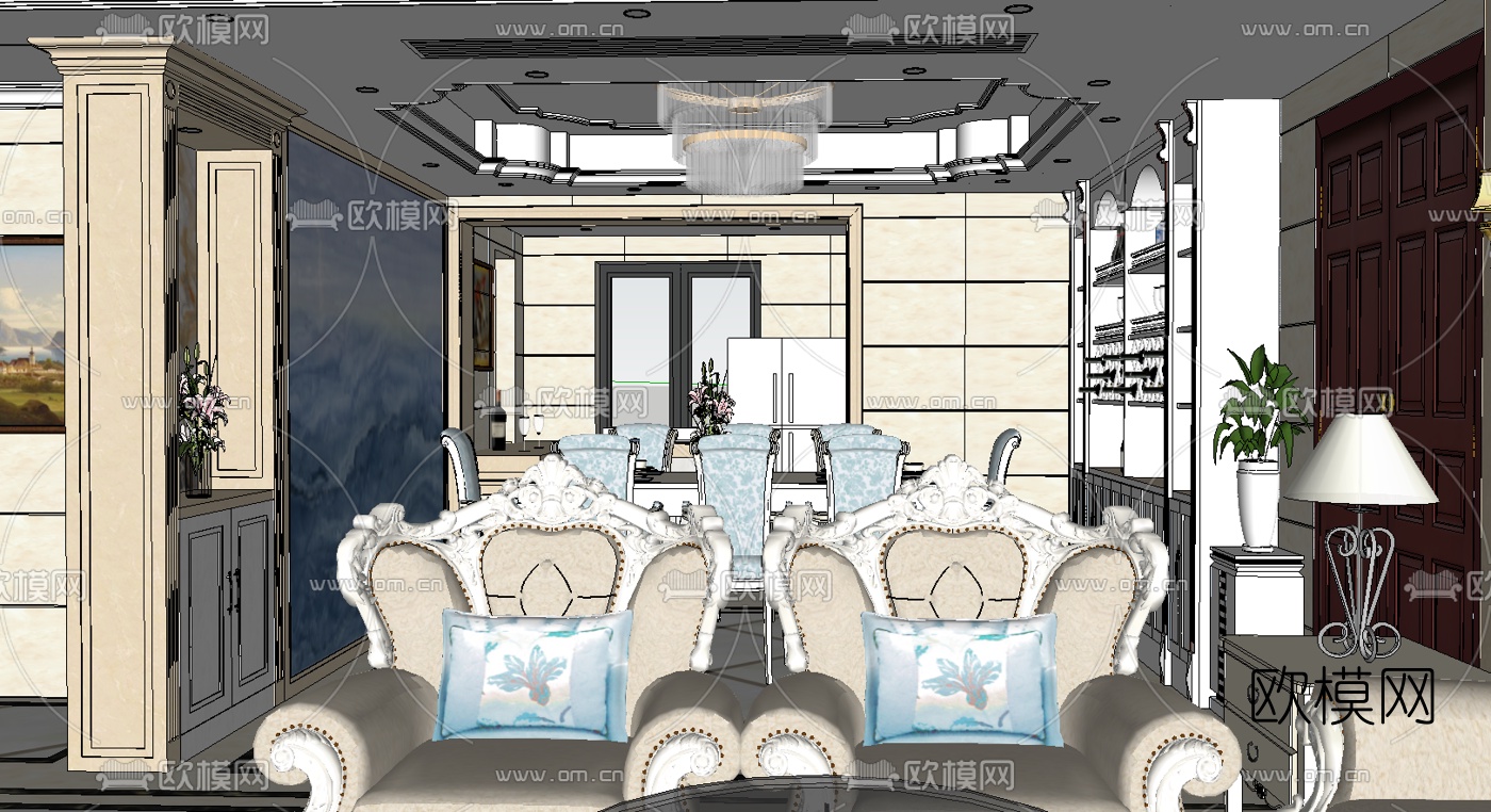 欧式客餐厅su模型下载（渲染图3）