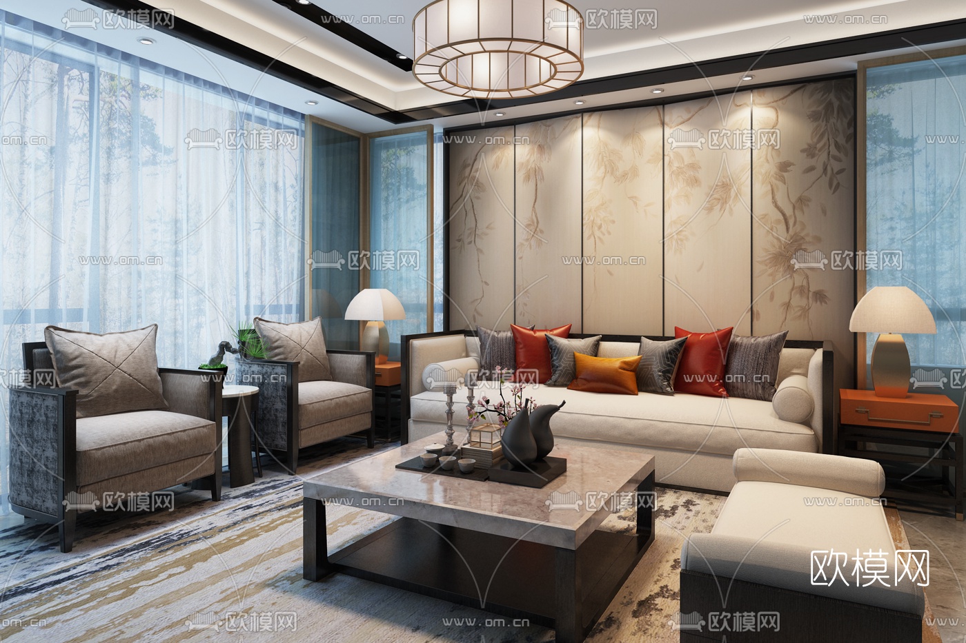 牧笛设计 中式客厅沙发组合3D模型下载（渲染图1）