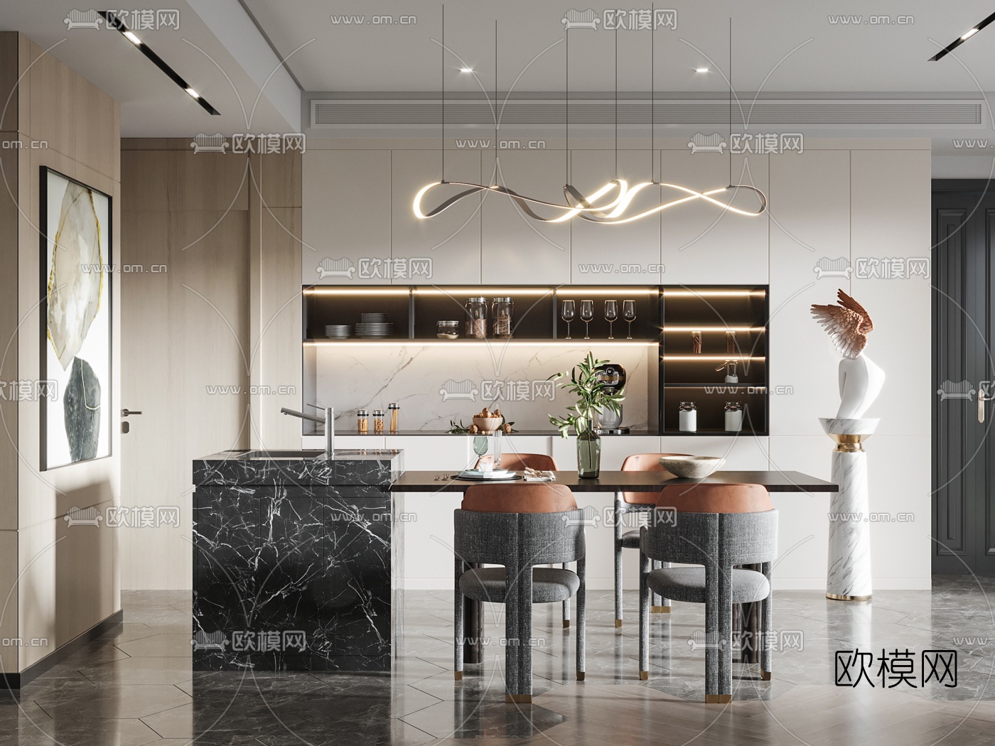 现代中岛台餐桌椅3d模型下载（渲染图1）