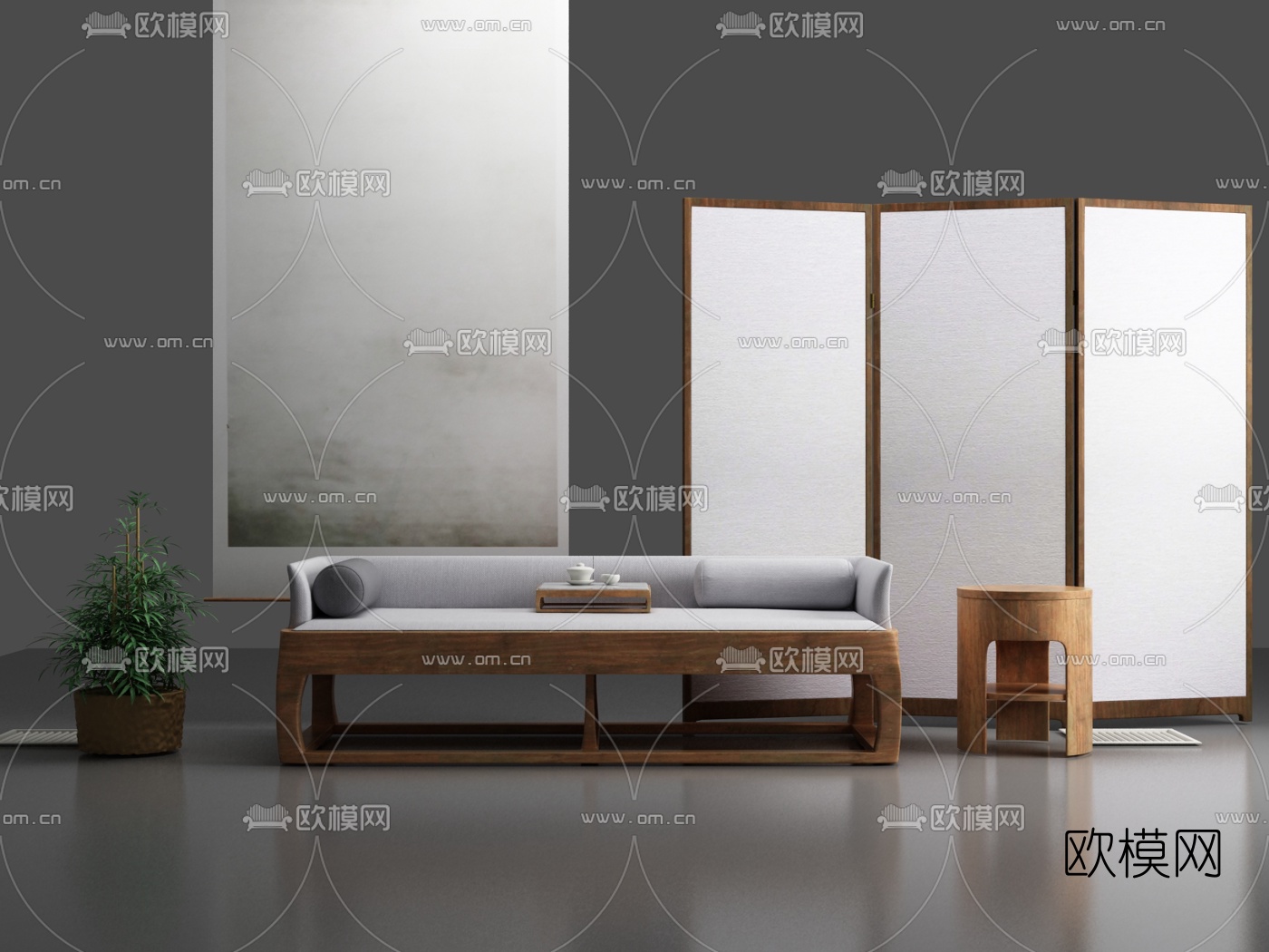 新中式实木双人沙发3d模型-免费3dmax模型库-欧模网
