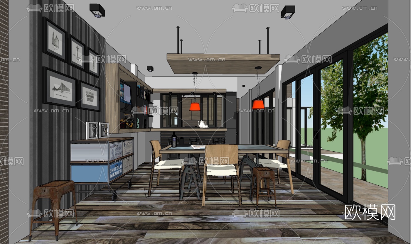 工业风餐厅su模型下载（渲染图1）
