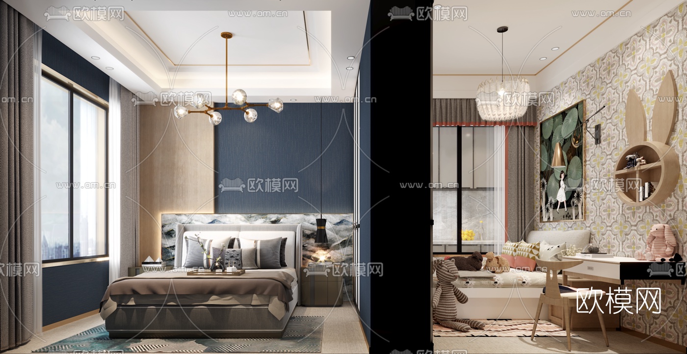 北欧主卧儿童房3d模型下载
