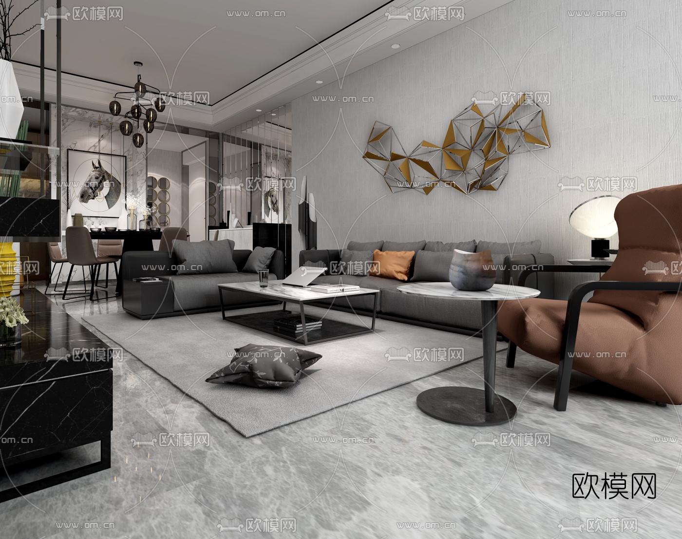 现代高级灰客厅餐厅3D模型