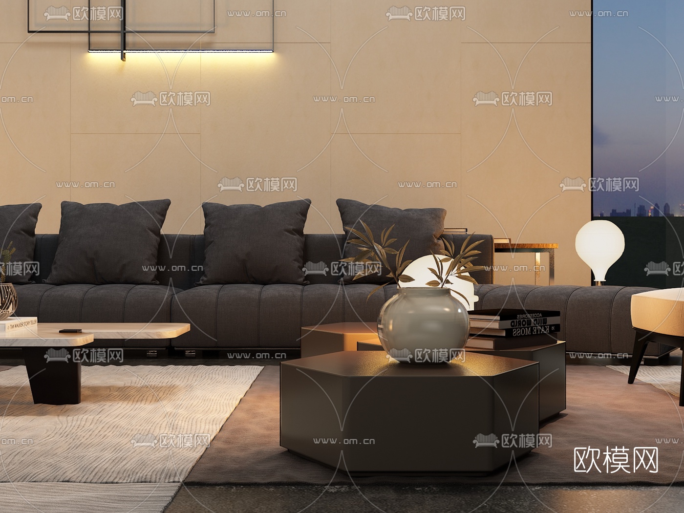 意大利Minotti现代多人沙发茶几摆件组合3D模型下载（渲染图2）