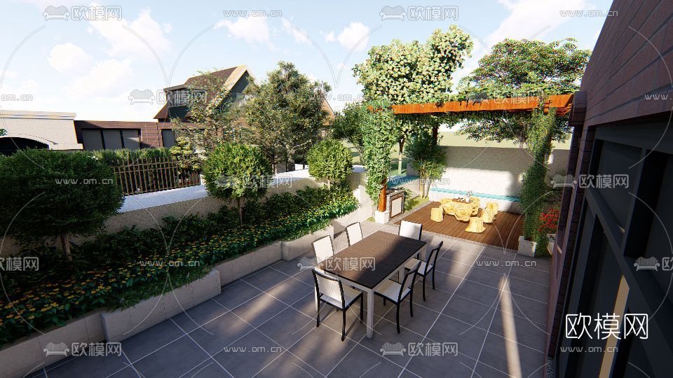 现代别墅庭院花园设计su模型下载（渲染图1）