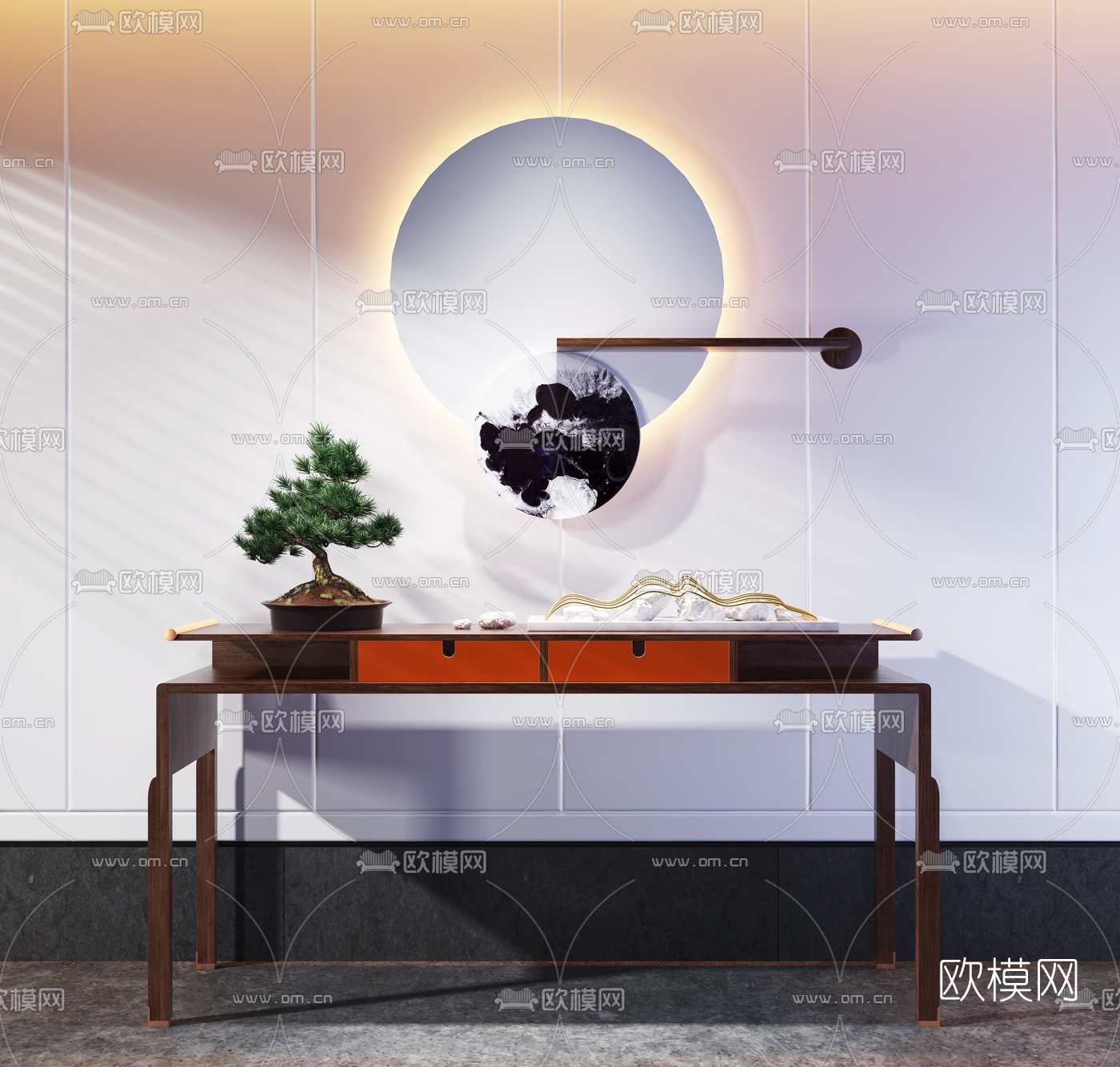 新中式实木玄关端景柜墙饰摆件3D模型