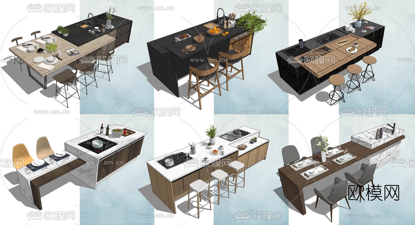 现代厨房中岛台su模型下载