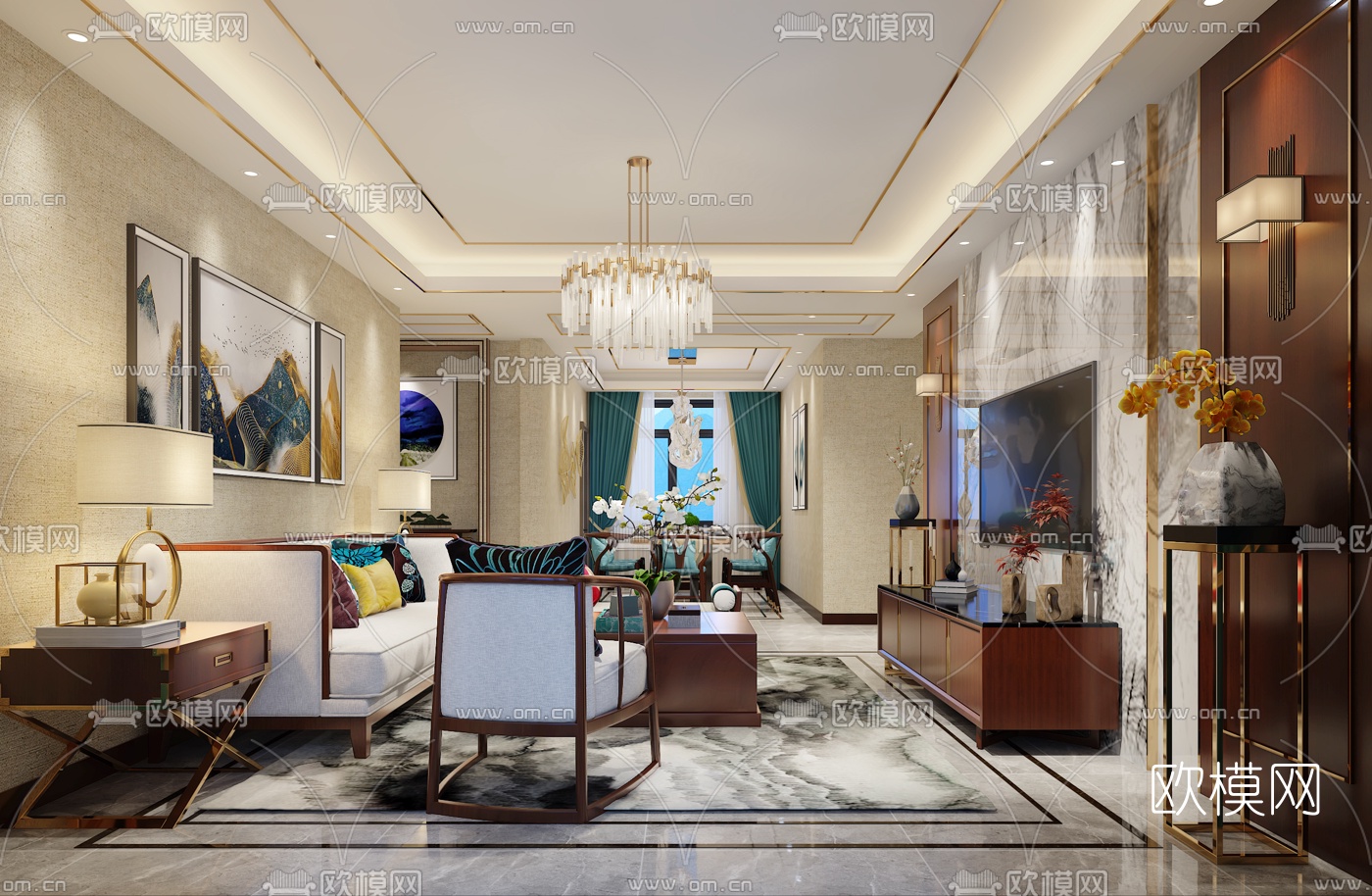 新中式客厅餐厅免费3d模型-免费3dmax模型库-欧模网