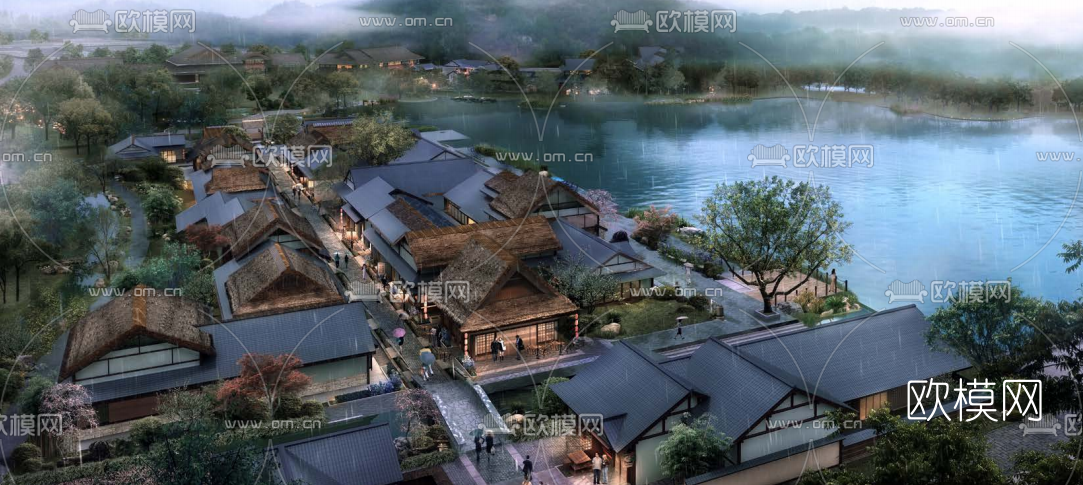 中式古镇雨景鸟瞰su模型下载