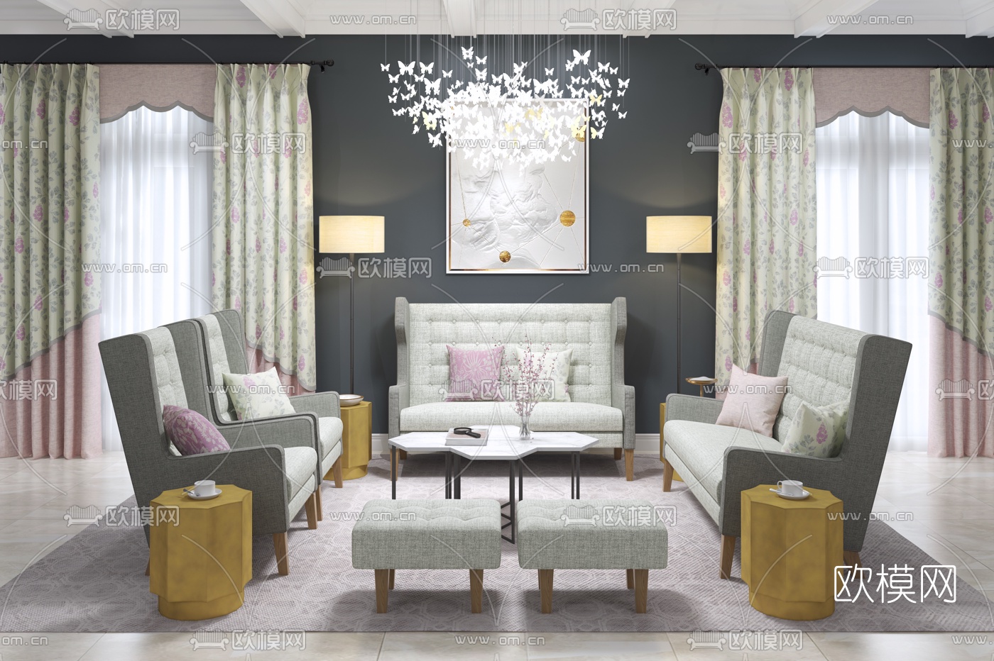 欧式沙发茶几窗帘组合3D模型下载