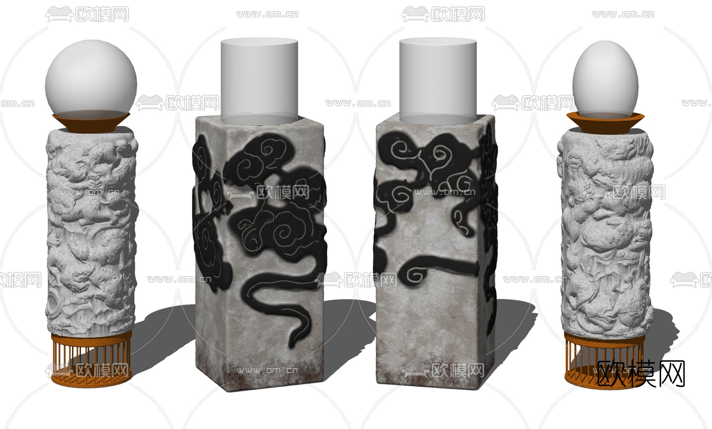 中式庭院景观地灯浮雕草坪灯su模型下载